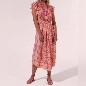 Poupette St Barth Sasha Midi Wrap Dress Orange Pink Floral Fringe Ruffle Small